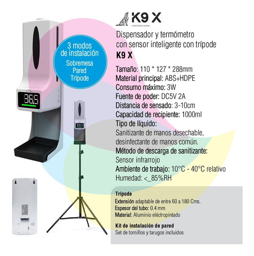 Imagen 2 de 10 de Dispenser Y Termómetro Inteligente K9x Con Trípode Cuotas