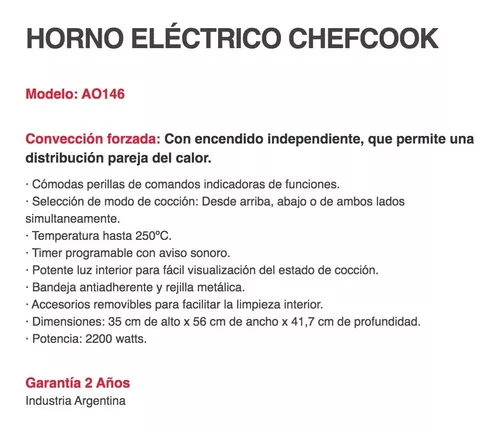 HORNO ELECTRICO LILIANA AAO146 CHEFCOOK 46 LTS 2200 W