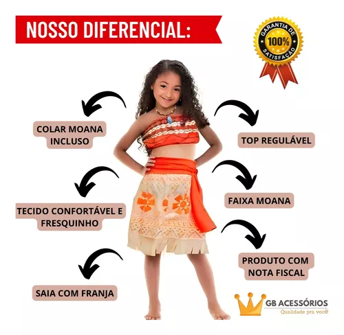 Fantasia Moana Infantil Roupa Princesa Regulável Com Colar