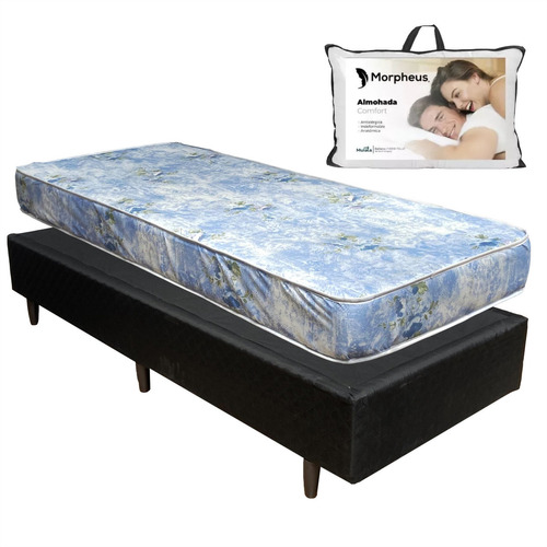 Morpheus Conjunto De Sommier Espuma 1 Plaza Colchón Box Madera Y Almohada Color Negro