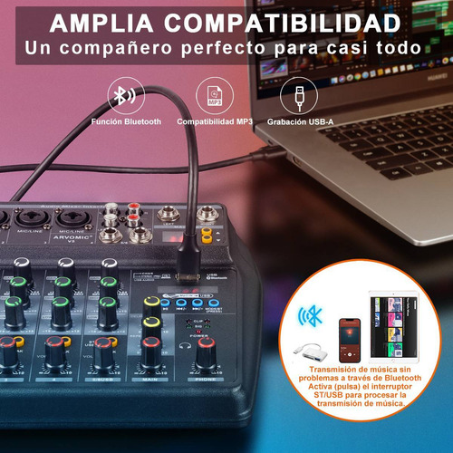 Mezclador 6 canales 16 Dsp Mezcladora de Sonido con 4 Entradas Mono Consola USB y Bluetooth Mixer Audio Alimentación Phantom de +48V Livehouse Karaoke