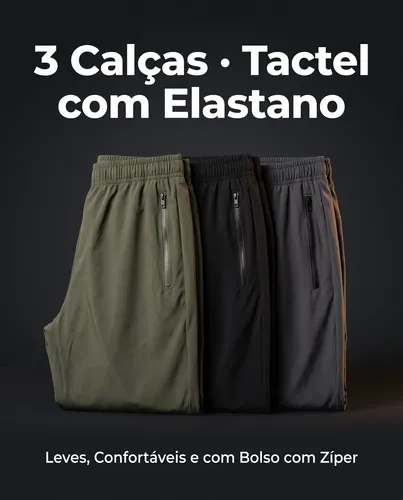 Kit 3 Calças Masculina Tactel Leve Bolso Zíper Premium