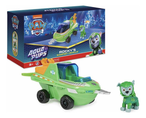 Paw Patrol Rocky Aqua Pups Personaje Y Carro Pez Sierra