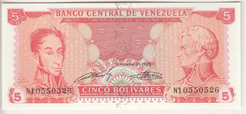 Billete Venezuela 5 Bolívares Septiembre 21 1989 N8 Unc