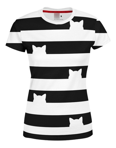 Playera Sublimada Dama Rayas Negras Gatitos Blancos