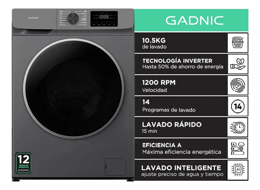 Lavarropas Automatico Gadnic Carga Frontal 10.5 kg Inverter 1200 RPM 14 Programas Clase A Funcion