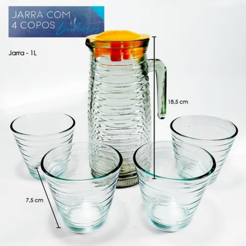 Kit Jarra 1 Litro Com 4 Copo Vidro Linhares Jar-11