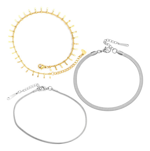 Imagen 1 de 10 de Set 3 Pulseras Tobillera Plata Mujer Panza Vibora Acero Oro