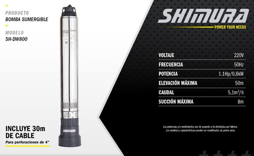Bomba Sumergible 1,1hp Shimura Elevacion 50mts 5100 Lts/hora