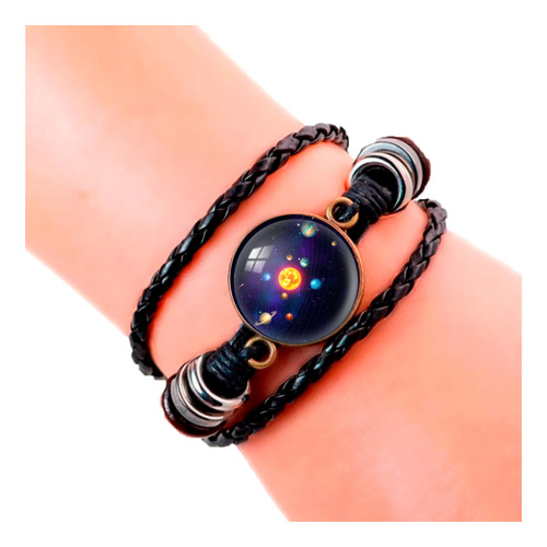 Pulsera Cuero Cristal Sistema Solar Cosmos Unisex + Estuche