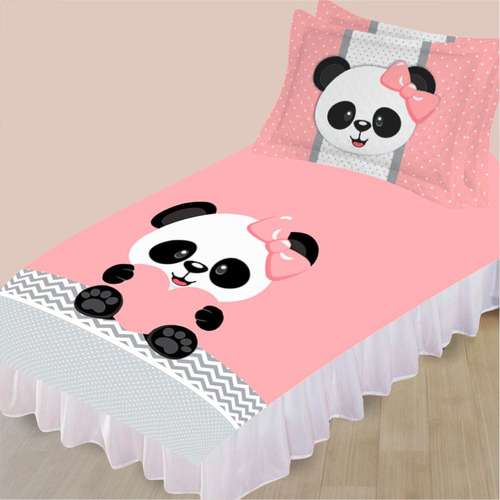 Cobre Leito Jogo Lençol Solteiro Fronha Panda Rosa 3 Pç