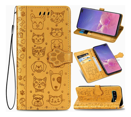 Amarillo Para Galaxy S10 Plus, Bonito Diseño De Gato Y Perro