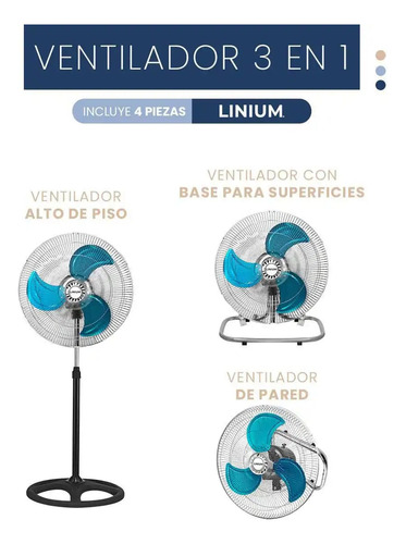 Ventilador 3 En 1 18 Pulgadas 110 V 45.72 Cm Negro Azul Aluminio 3