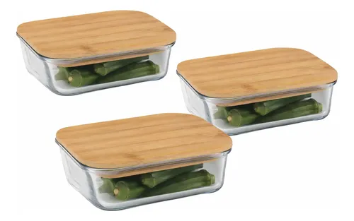 Pote De Vidro Hermético Marmita Tampa Bambu 1500ml Kit C/3 Transparente