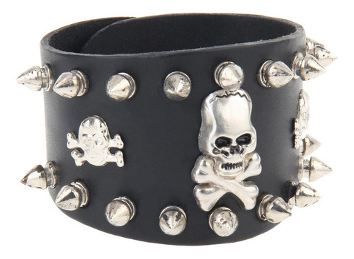 Pulseira Larga De Couro Com Caveira E Rebite Gótico Preto