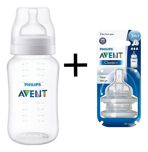 Kit Mamadeira Avent Anticólica 330ml + 2 Bicos Tam 3 Avent