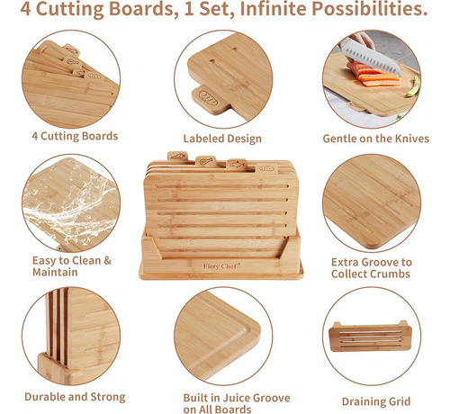 Juego De 4 Tablas De Cortar De Bambú Con Soporte - Fiery Che Natural