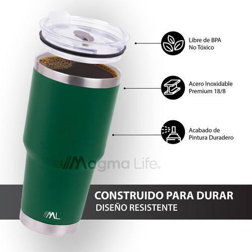 Magma Life Termo Para Café Y Agua, Botella Térmica De Acero Inoxidable 30 Oz (890 Ml): Contiene Tapa Hermética Antiderrames, Garantiza La Temperatura Deseada Sin Preocupaciones (Verde)