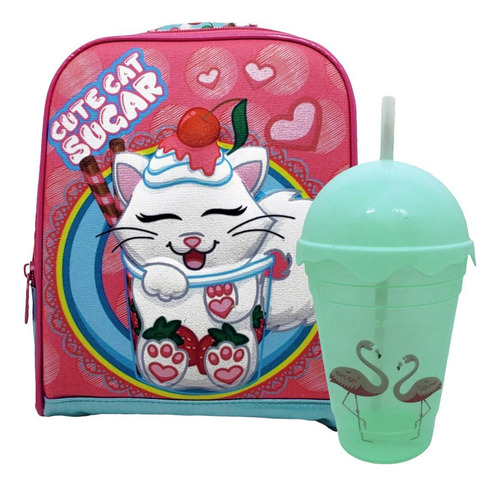 Kit Lancheira Infantil Escolar Gatinho Relevo Copo Twister