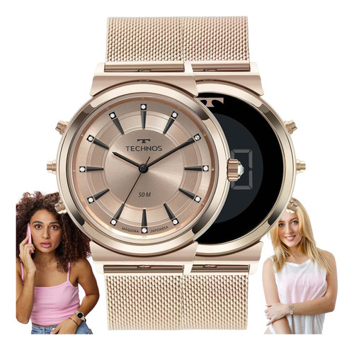 Relógio Technos Feminino Anadigi Curvas Rose Gold 9t33ac/1j