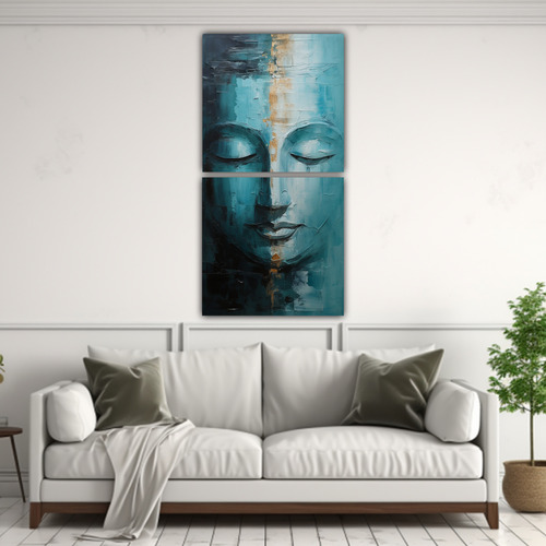 40x20cm Cuadro Abstracto Buddha Face En Plata Y Turquesa