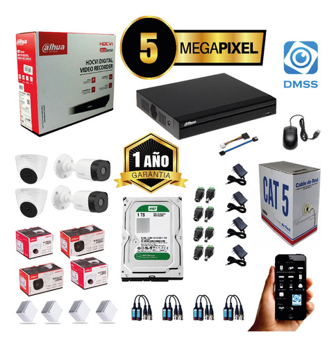 Kit 5mp 4 Cámaras De Seguridad Dahua Dvr 8 Ch + D.d 1tb Cctv