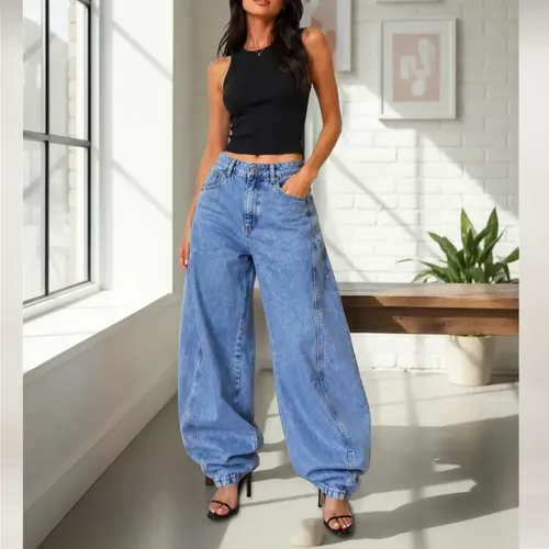 Calça Jeans Barrel Feminina Mom Ballon Cintura Alta