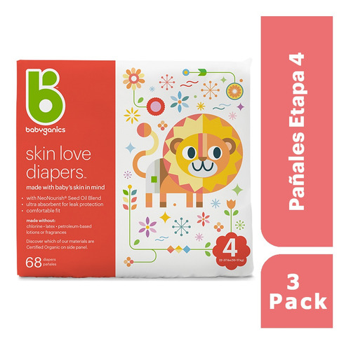 Pack X3 Babyganics Pañales Etapa 4, 68 Unidades Cada Pack