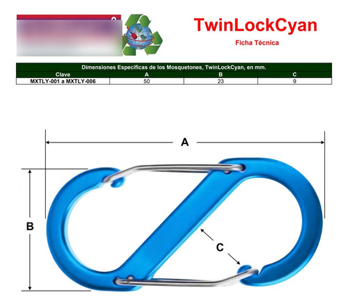 Clip Mosquetón, Mxtly-001, 1pza, 10kg, Forma S, Bloqueo Auto Color Cian