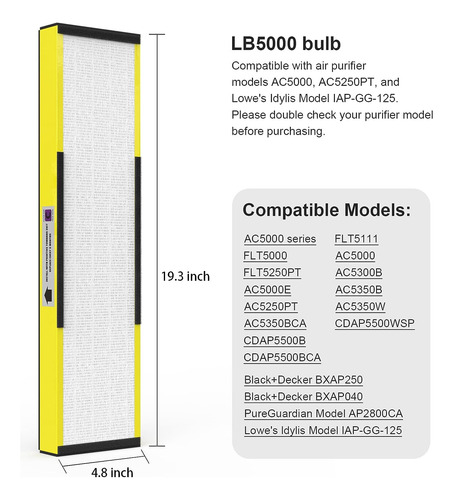Filtro De Repuesto Flt5000 True Hepa C Con 1 Uv-c Re, Paq...