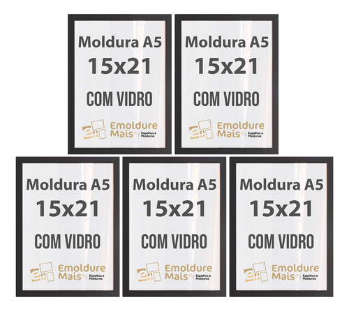Kit 5 Moldura A5 15x21 C/ Vidro P/ Foto Quadro Apoio De Mesa