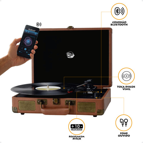 Vitrola Retro Maleta Toca Discos Vinil Caixa De Som Embutida 10w Bluetooth Com Agulha Rubi Extra