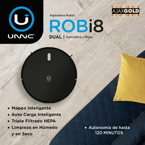 Aspiradora Robot Inteligente Mopa Auto Carga Unnic Control Color Negro