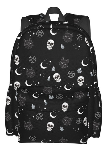 Mochila Gotica Negra Con Diseno De Calavera, Luna Y Gato,...