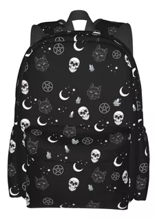 Mochila Gotica Negra Con Diseno De Calavera, Luna Y Gato,...