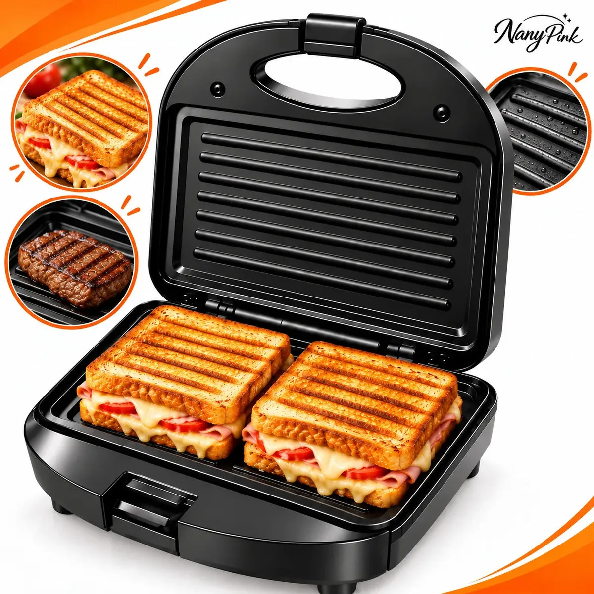 Sanduicheira Elétrica Nany Pink 2 Em 1 Para Sanduíches E Grill Antiaderente Preto 127v 127v