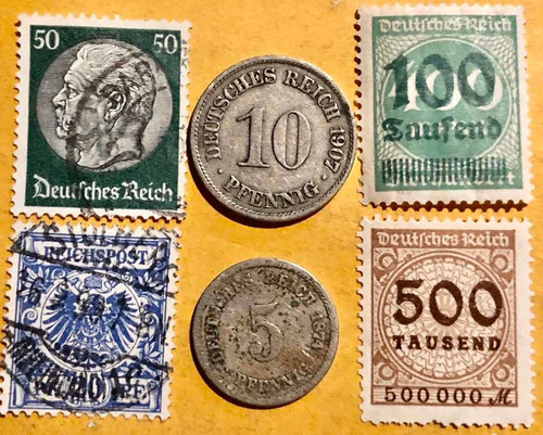 2 Monedas De 5 Y 10 Pffenig Imperio Alemán + 4 Timbres