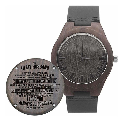Reloj Hombre Madera Engraved-wo Cuarzo Pulso Negro En Cuero