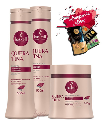  Kit Haskell Queratina Shampoo Condicionador Máscara 500g