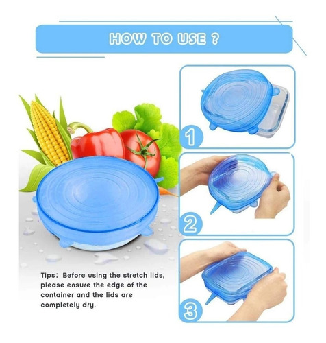 Tapas Elásticas Silicona Set 6 Sellado Alimentos Recipiente