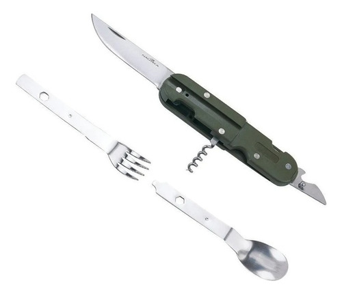Canivete Multi Funções Conjunto Talheres Garfo Faca Colher Cor Verde/prata