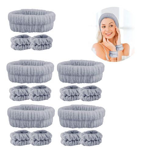 Diler Kit 5 Piezas Diadema Y Muñequeras Para Skincare Maquillaje Mascarilla Spa De Microfibra Liso Color Gris