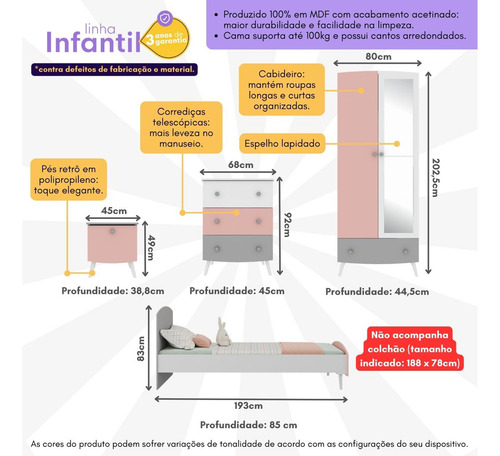 Quarto Infantil Completo para Colchão 188x78cm Doçura Multimóveis MP4329 Branco/cinza/rosa