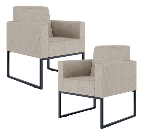 Kit 02 Poltronas Decorativas para Sala Recepção Base Fixa De Metal Helô L02 Linho Bege
