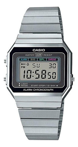 Relógio Casio original A-700w-1a Vintage Alarm Light Mesh Color Prata Bisel Cor de fundo prateado Cor de fundo cinza
