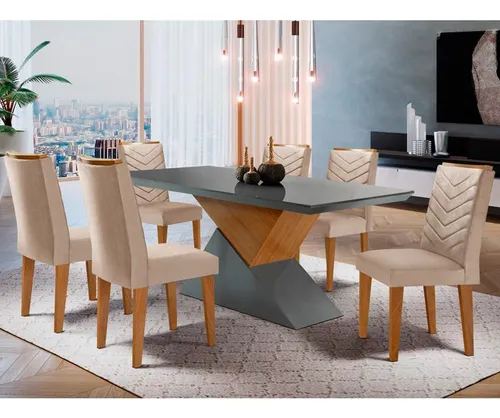 comprar Sala Jantar Tampo Em Mdf 6 Cadeiras Creme, Grafite E Imbuia