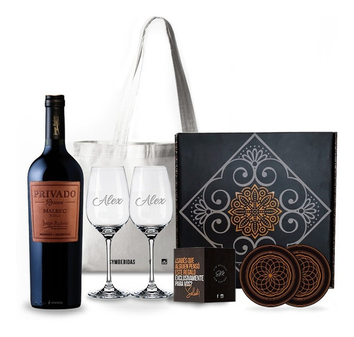 Box Set Vino Privado Malbec 2 Copas Transparentes Grabadas