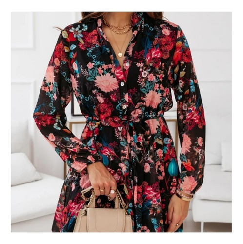 Vestido De Manga Larga Estampado Con Botones