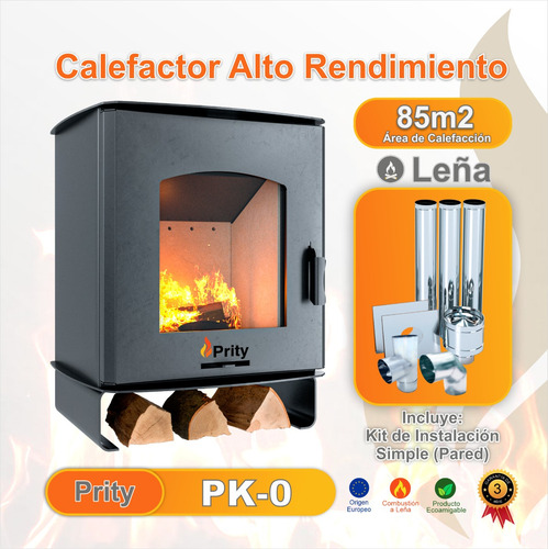 Calefactor A Leña Eko1 80 M2 + Kit Pared Simple