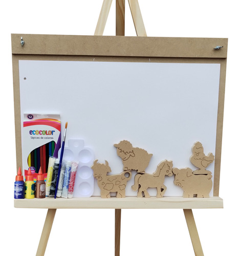 Atril De Pino Para Dibujo Infantil + Animales De Madera 